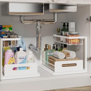 REALINN Under Sink Organizer, L-Shaped 2 Tier Pull Out Cabinet Organizer | Slide Out Under Cabinet Storage, For Kitchen and Bathroom, Metal Under Sink Storage with Sliding Drawer, 50 lbs, White 2 Pack